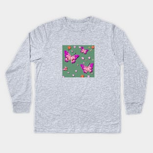 Pink Butterfly Design Kids Long Sleeve T-Shirt